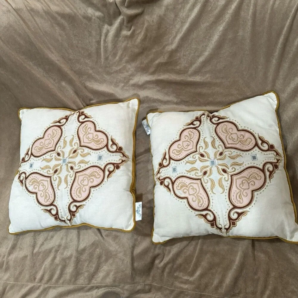 Patina Vie throw pillows yellow velour Pink Heart Embroidery cotton velvet 17